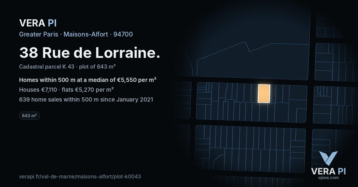38 Rue de Lorraine, Maisons-Alfort at night – the plot lit, the parcels around coloured by the prices near them