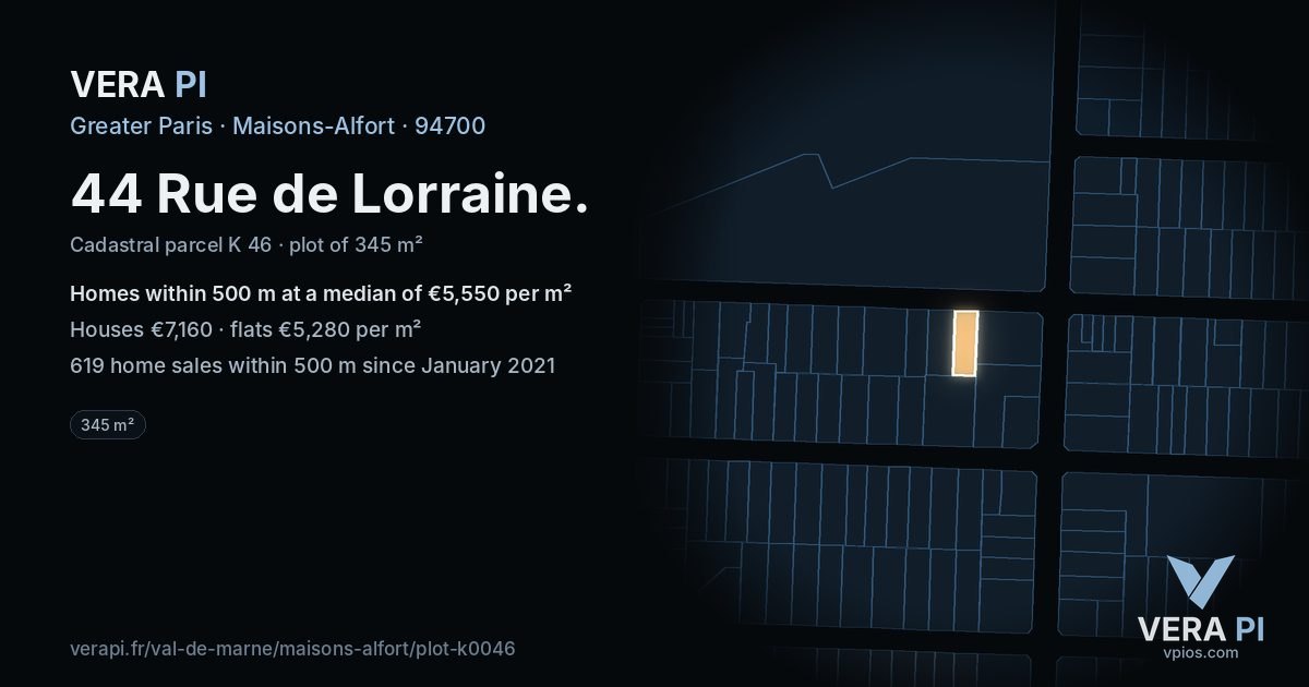 44 Rue de Lorraine, Maisons-Alfort at night – the plot lit, the parcels around coloured by the prices near them