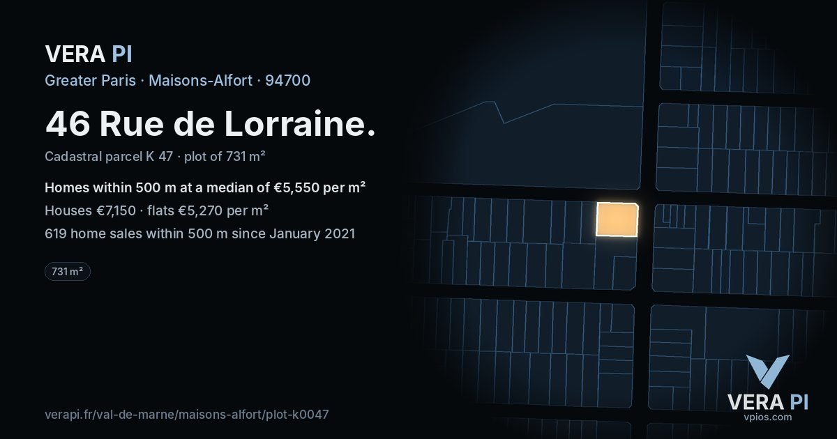 46 Rue de Lorraine, Maisons-Alfort at night – the plot lit, the parcels around coloured by the prices near them