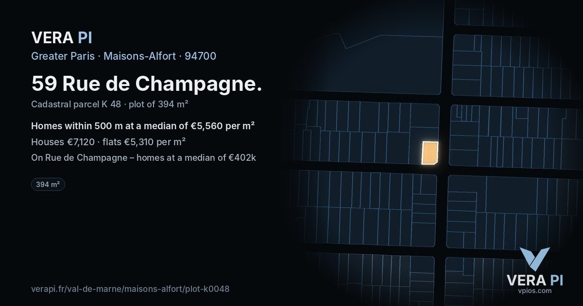 59 Rue de Champagne, Maisons-Alfort at night – the plot lit, the parcels around coloured by the prices near them