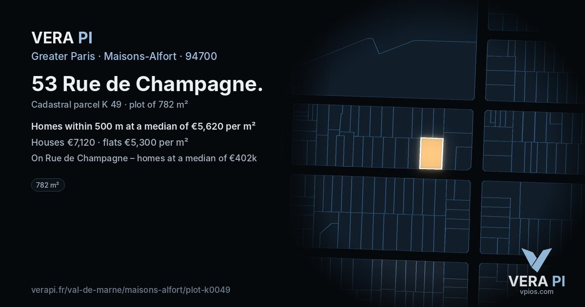 53 Rue de Champagne, Maisons-Alfort at night – the plot lit, the parcels around coloured by the prices near them