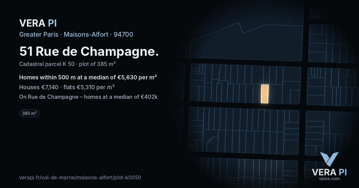 51 Rue de Champagne, Maisons-Alfort at night – the plot lit, the parcels around coloured by the prices near them