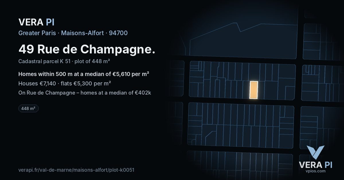 49 Rue de Champagne, Maisons-Alfort at night – the plot lit, the parcels around coloured by the prices near them
