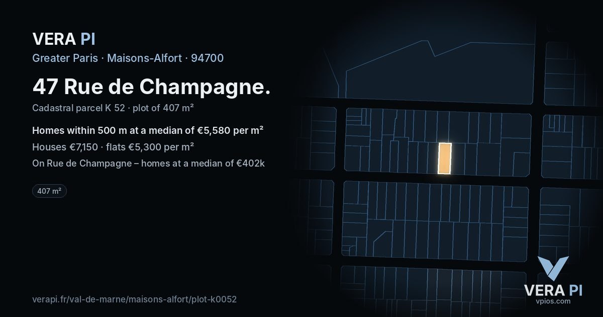 47 Rue de Champagne, Maisons-Alfort at night – the plot lit, the parcels around coloured by the prices near them
