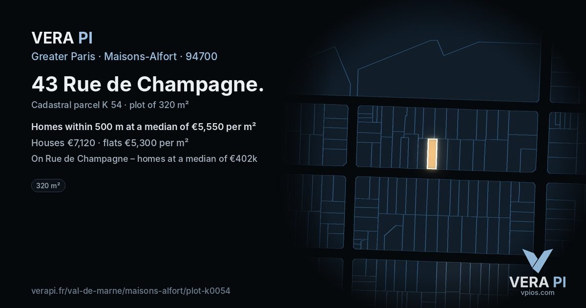 43 Rue de Champagne, Maisons-Alfort at night – the plot lit, the parcels around coloured by the prices near them