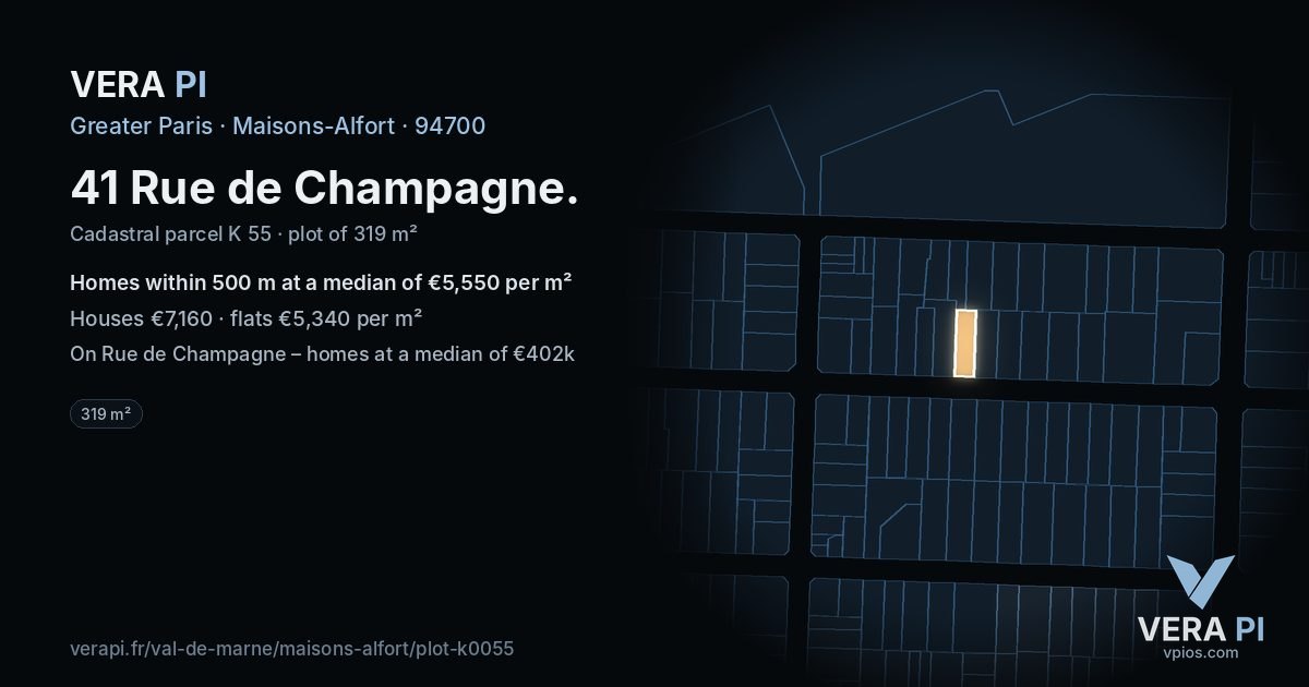 41 Rue de Champagne, Maisons-Alfort at night – the plot lit, the parcels around coloured by the prices near them