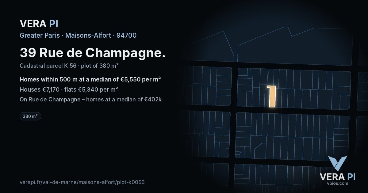 39 Rue de Champagne, Maisons-Alfort at night – the plot lit, the parcels around coloured by the prices near them