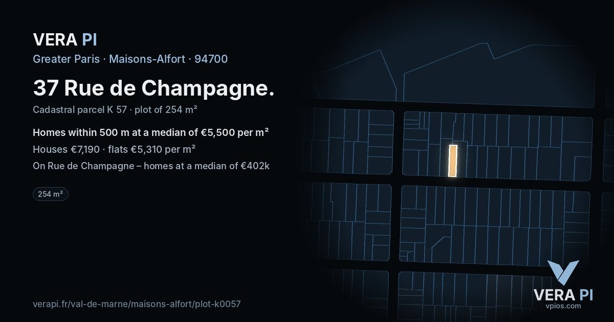 37 Rue de Champagne, Maisons-Alfort at night – the plot lit, the parcels around coloured by the prices near them