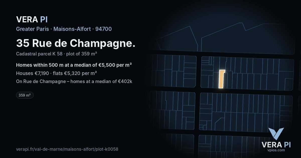 35 Rue de Champagne, Maisons-Alfort at night – the plot lit, the parcels around coloured by the prices near them