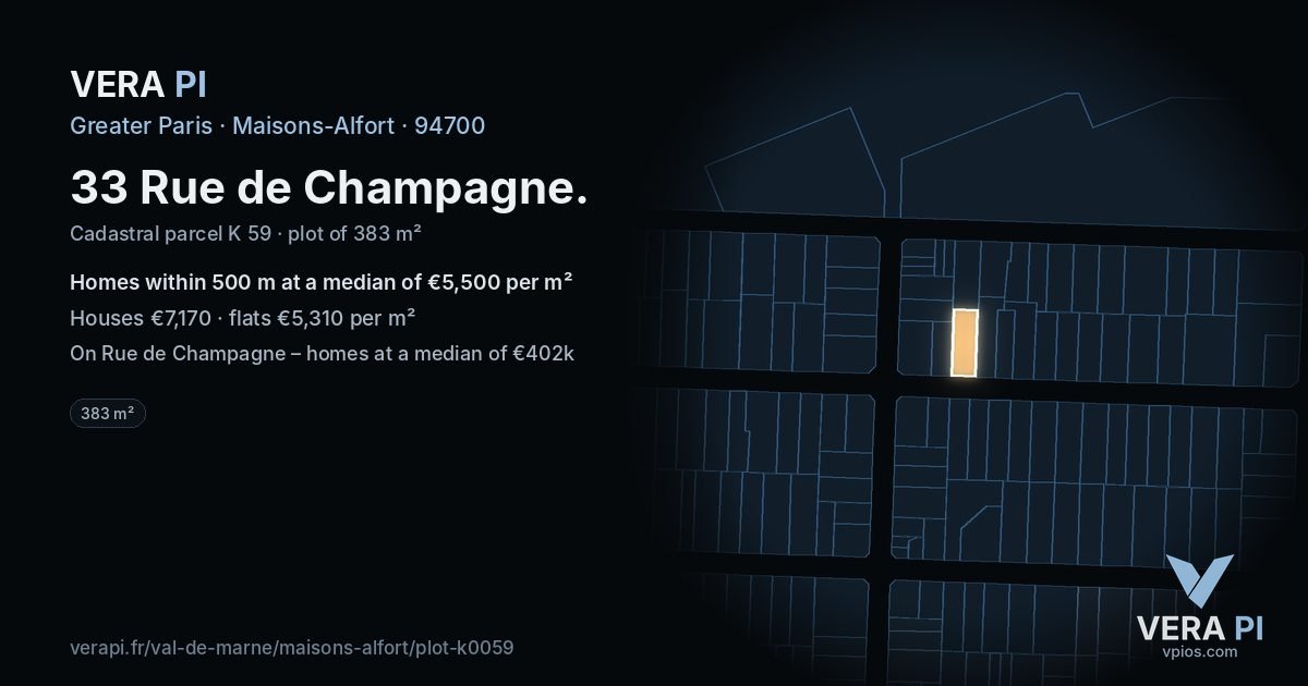 33 Rue de Champagne, Maisons-Alfort at night – the plot lit, the parcels around coloured by the prices near them