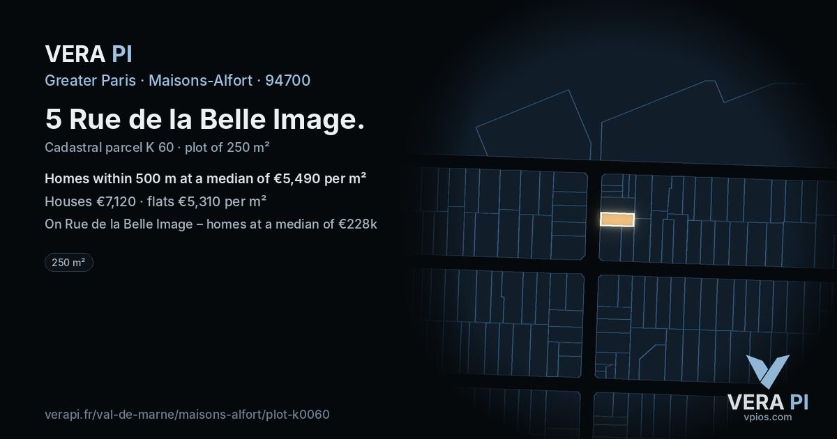 5 Rue de la Belle Image, Maisons-Alfort at night – the plot lit, the parcels around coloured by the prices near them