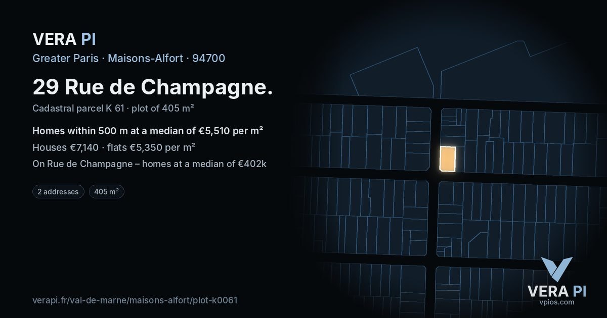 29 Rue de Champagne, Maisons-Alfort at night – the plot lit, the parcels around coloured by the prices near them