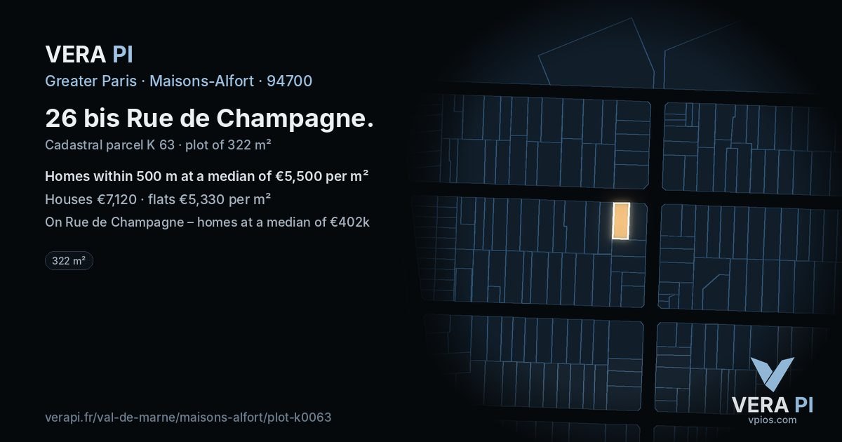 26 bis Rue de Champagne, Maisons-Alfort at night – the plot lit, the parcels around coloured by the prices near them