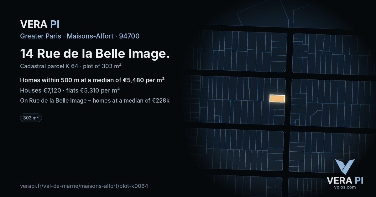 14 Rue de la Belle Image, Maisons-Alfort at night – the plot lit, the parcels around coloured by the prices near them
