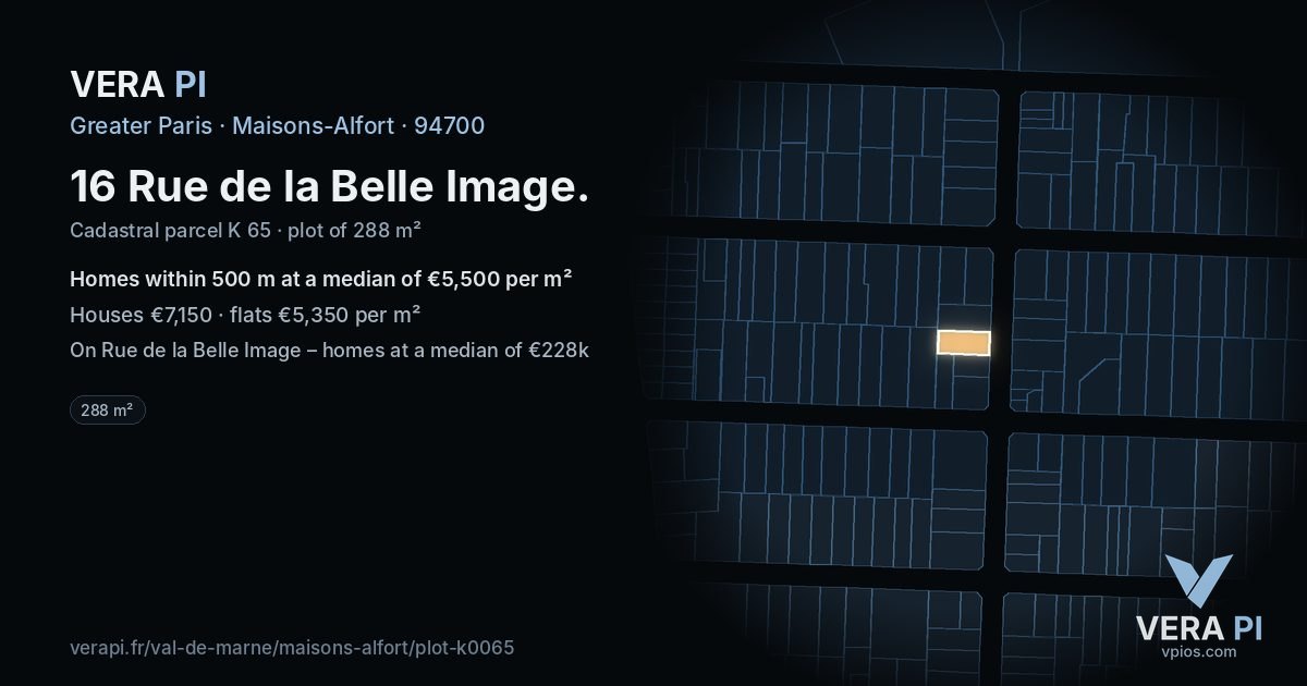 16 Rue de la Belle Image, Maisons-Alfort at night – the plot lit, the parcels around coloured by the prices near them