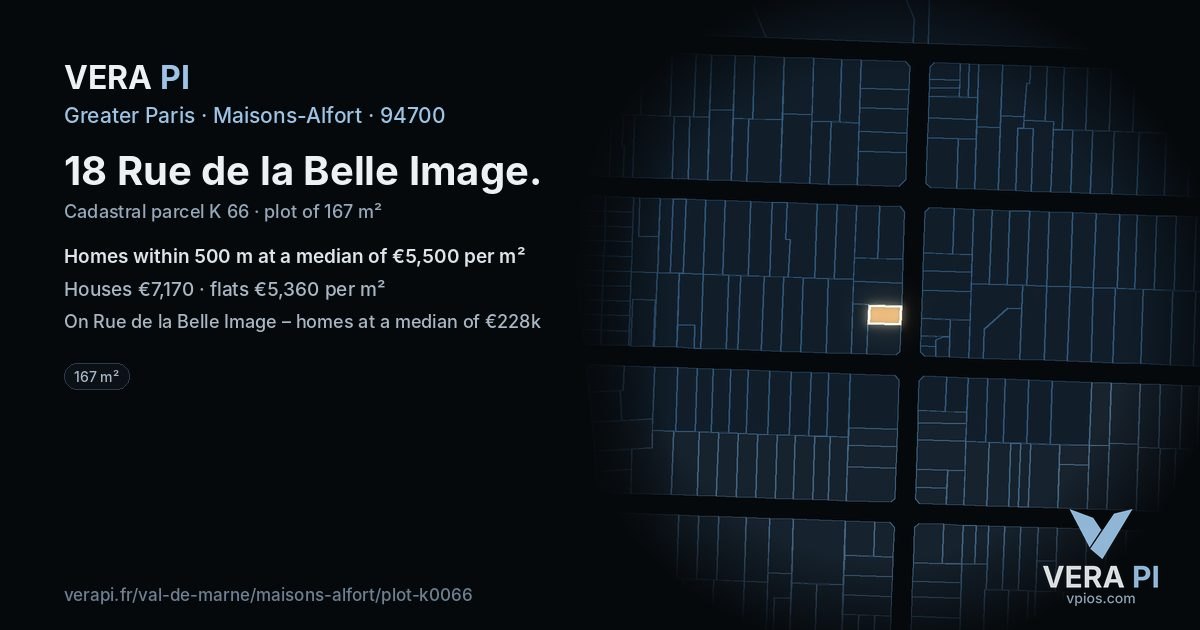 18 Rue de la Belle Image, Maisons-Alfort at night – the plot lit, the parcels around coloured by the prices near them