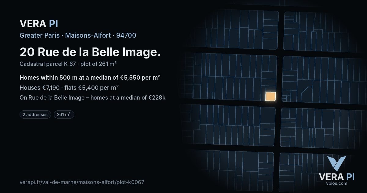 20 Rue de la Belle Image, Maisons-Alfort at night – the plot lit, the parcels around coloured by the prices near them