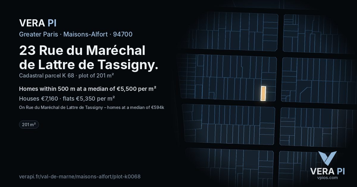 23 Rue du Maréchal de Lattre de Tassigny, Maisons-Alfort at night – the plot lit, the parcels around coloured by the prices near them