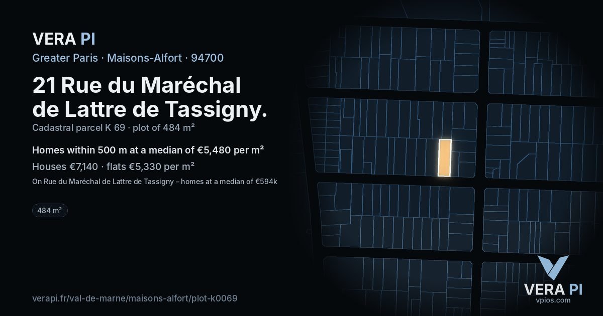 21 Rue du Maréchal de Lattre de Tassigny, Maisons-Alfort at night – the plot lit, the parcels around coloured by the prices near them