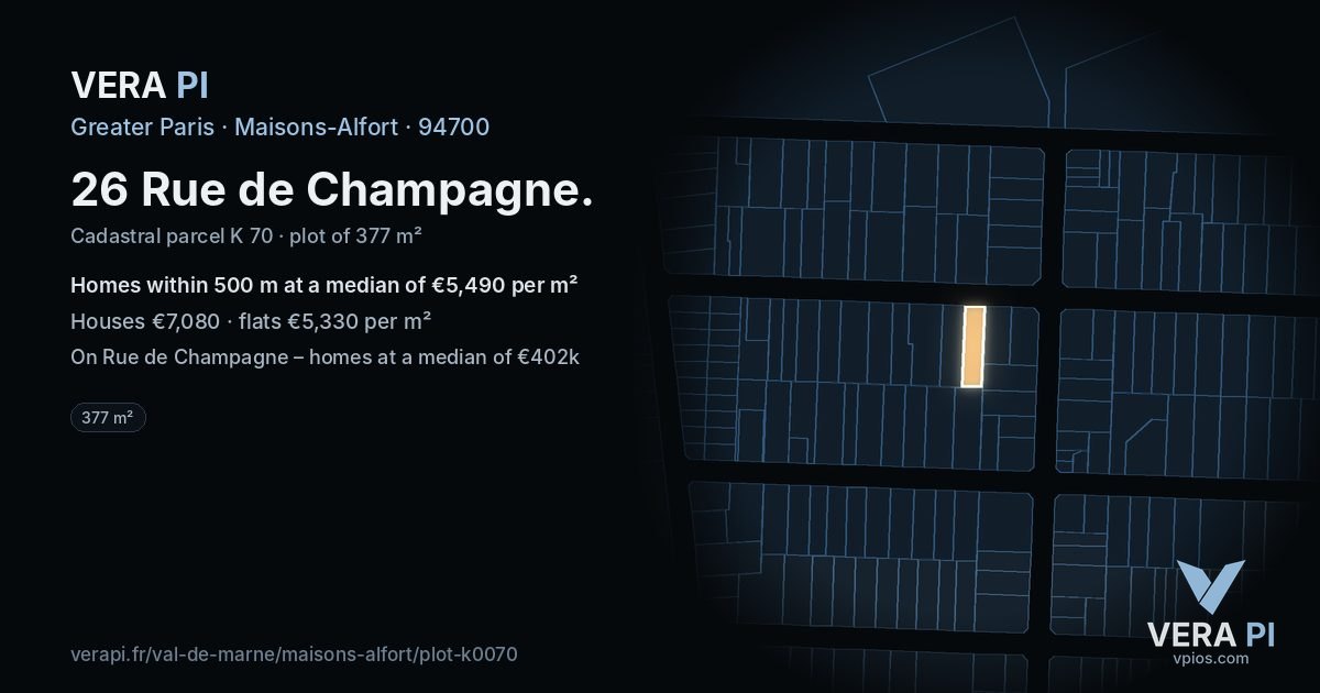 26 Rue de Champagne, Maisons-Alfort at night – the plot lit, the parcels around coloured by the prices near them