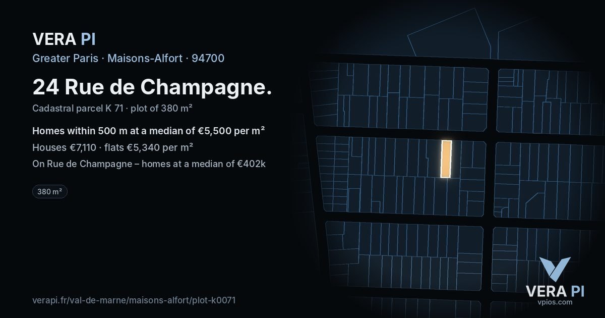 24 Rue de Champagne, Maisons-Alfort at night – the plot lit, the parcels around coloured by the prices near them
