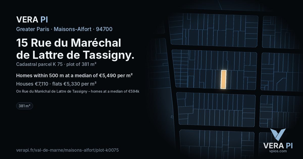 15 Rue du Maréchal de Lattre de Tassigny, Maisons-Alfort at night – the plot lit, the parcels around coloured by the prices near them