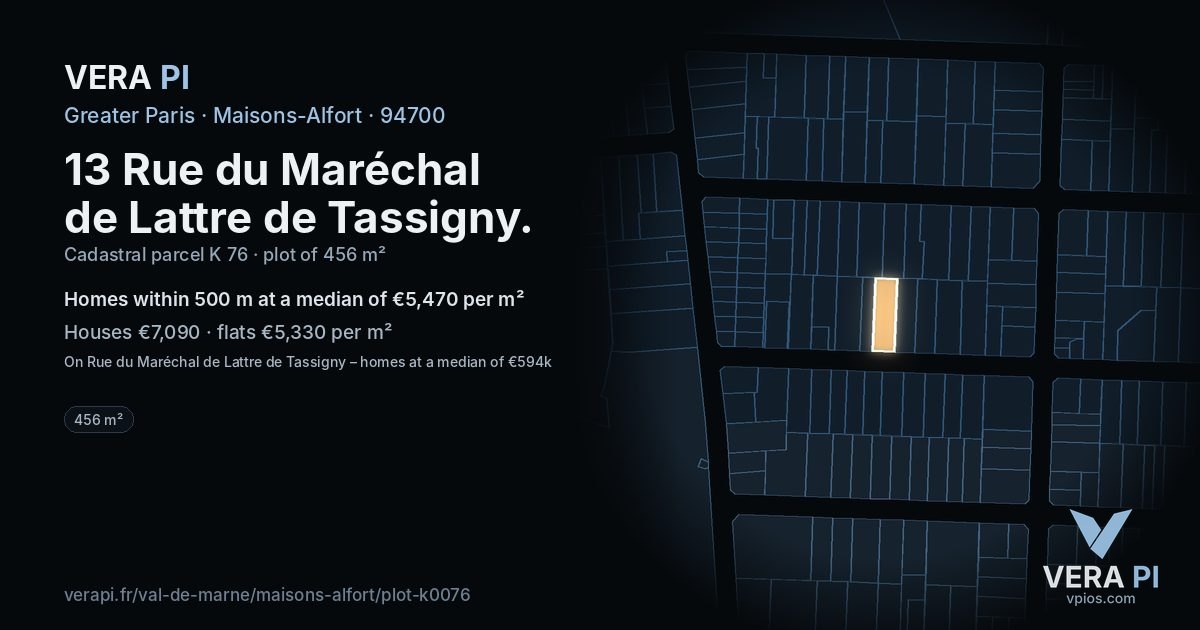 13 Rue du Maréchal de Lattre de Tassigny, Maisons-Alfort at night – the plot lit, the parcels around coloured by the prices near them