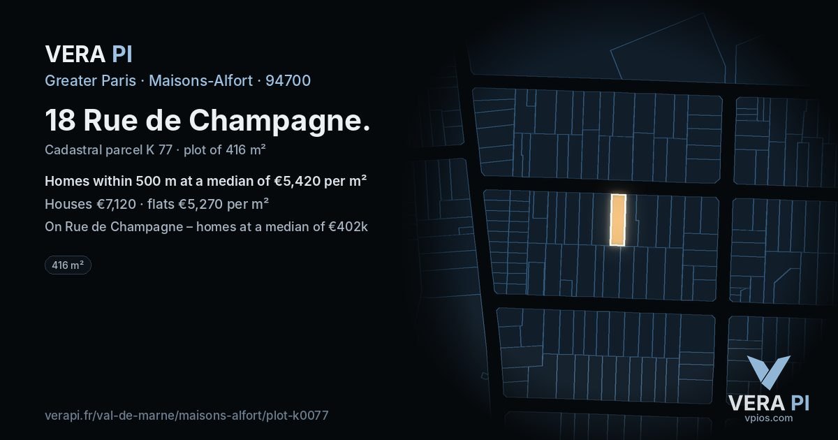 18 Rue de Champagne, Maisons-Alfort at night – the plot lit, the parcels around coloured by the prices near them
