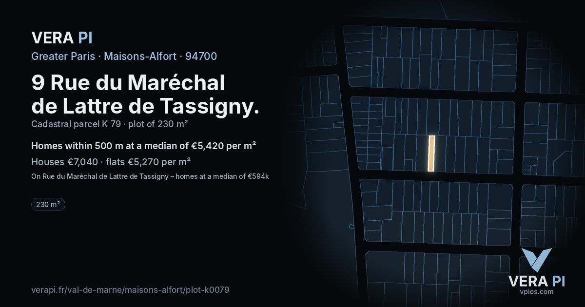 9 Rue du Maréchal de Lattre de Tassigny, Maisons-Alfort at night – the plot lit, the parcels around coloured by the prices near them