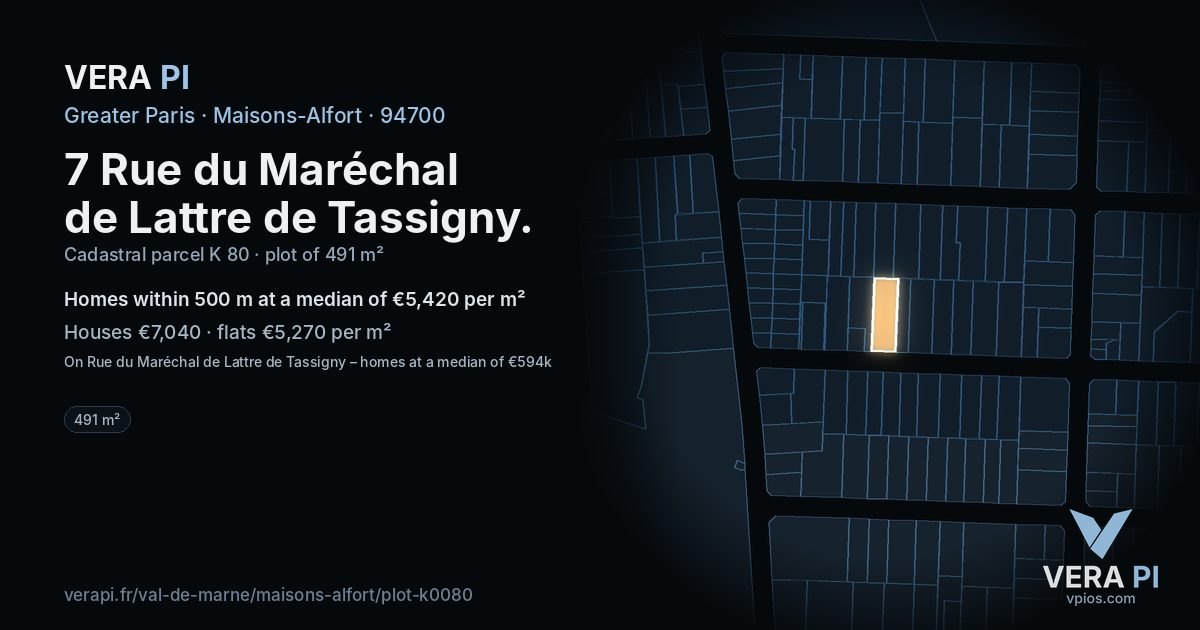 7 Rue du Maréchal de Lattre de Tassigny, Maisons-Alfort at night – the plot lit, the parcels around coloured by the prices near them