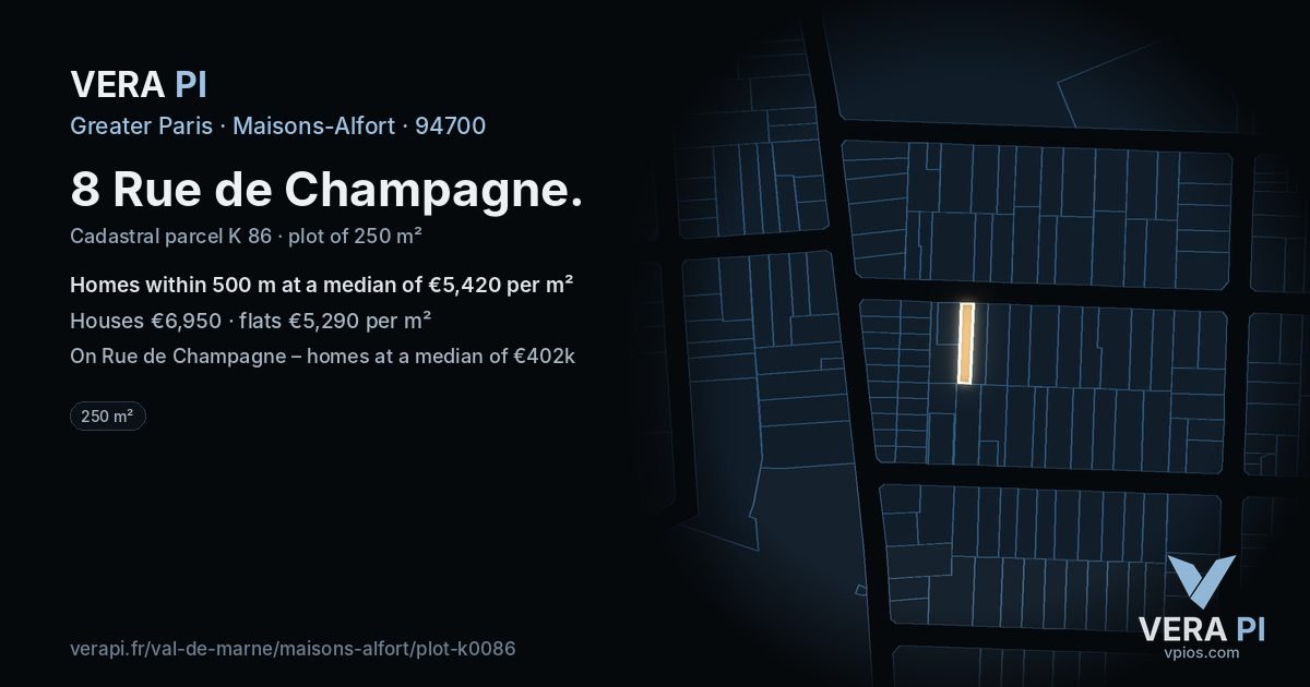 8 Rue de Champagne, Maisons-Alfort at night – the plot lit, the parcels around coloured by the prices near them