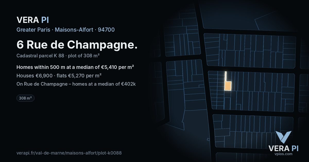 6 Rue de Champagne, Maisons-Alfort at night – the plot lit, the parcels around coloured by the prices near them