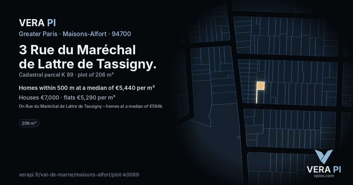 3 Rue du Maréchal de Lattre de Tassigny, Maisons-Alfort at night – the plot lit, the parcels around coloured by the prices near them