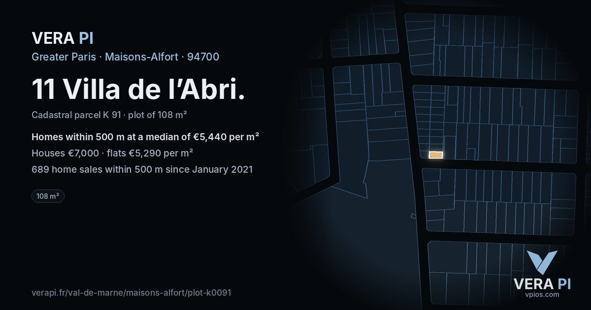 11 Villa de l’Abri, Maisons-Alfort at night – the plot lit, the parcels around coloured by the prices near them