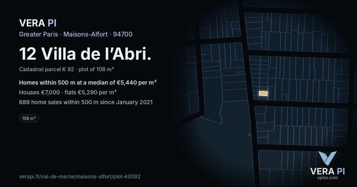 12 Villa de l’Abri, Maisons-Alfort at night – the plot lit, the parcels around coloured by the prices near them