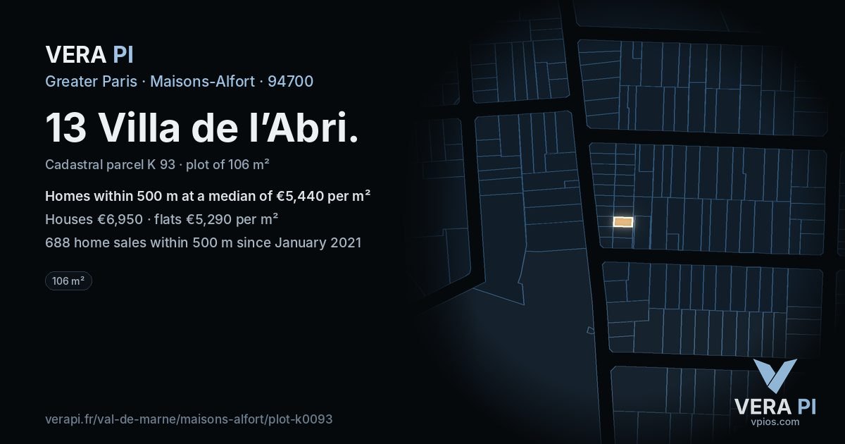 13 Villa de l’Abri, Maisons-Alfort at night – the plot lit, the parcels around coloured by the prices near them