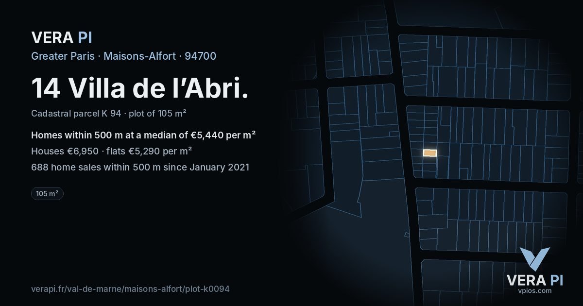 14 Villa de l’Abri, Maisons-Alfort at night – the plot lit, the parcels around coloured by the prices near them
