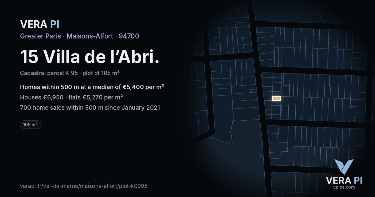 15 Villa de l’Abri, Maisons-Alfort at night – the plot lit, the parcels around coloured by the prices near them