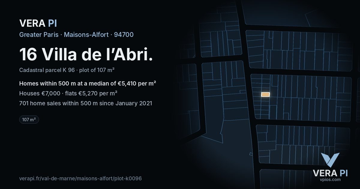 16 Villa de l’Abri, Maisons-Alfort at night – the plot lit, the parcels around coloured by the prices near them