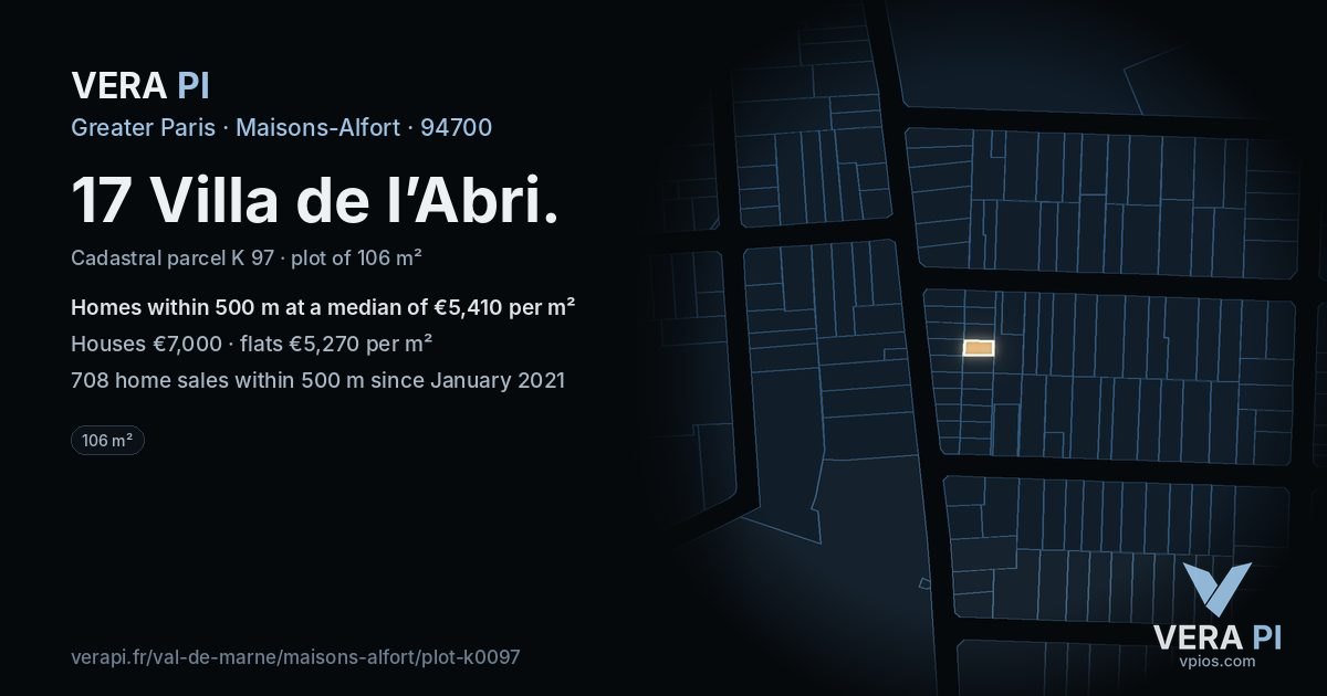 17 Villa de l’Abri, Maisons-Alfort at night – the plot lit, the parcels around coloured by the prices near them