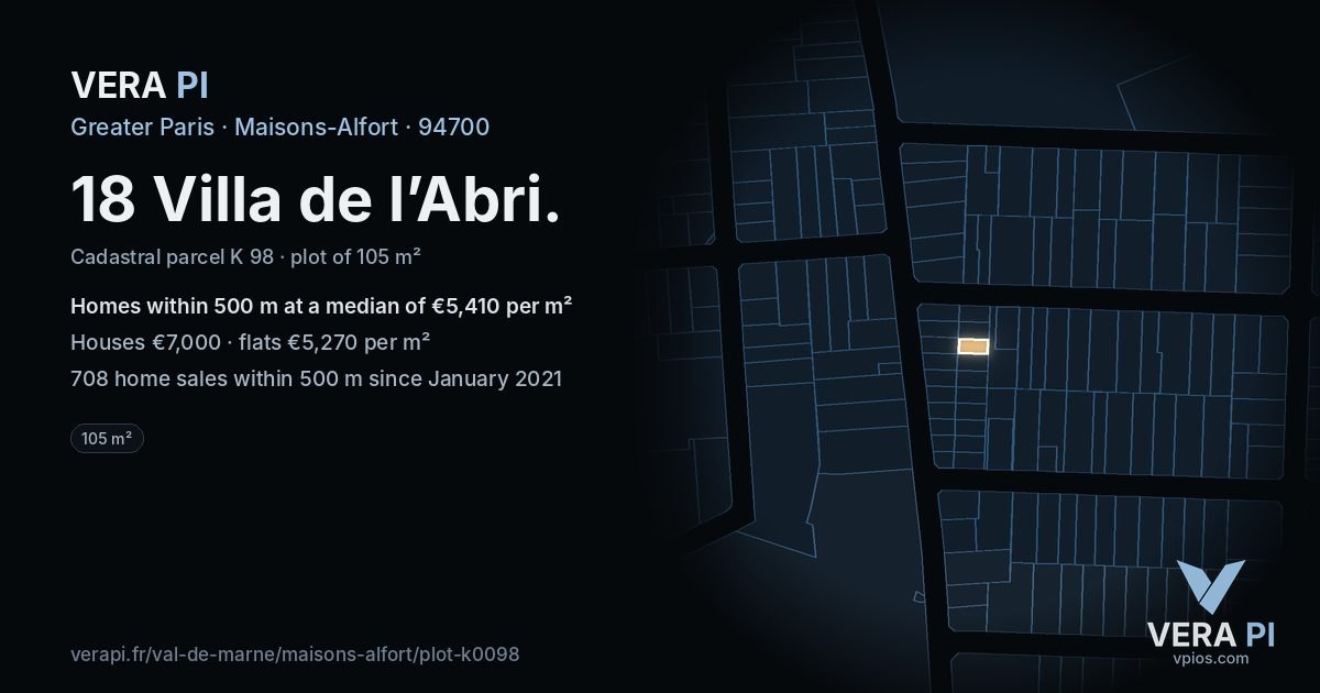 18 Villa de l’Abri, Maisons-Alfort at night – the plot lit, the parcels around coloured by the prices near them