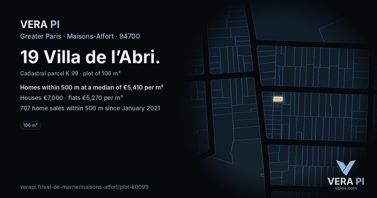 19 Villa de l’Abri, Maisons-Alfort at night – the plot lit, the parcels around coloured by the prices near them
