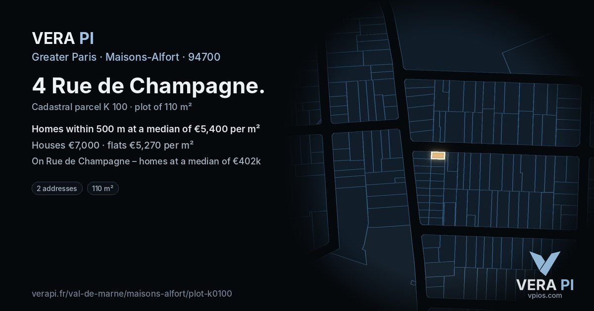 4 Rue de Champagne, Maisons-Alfort at night – the plot lit, the parcels around coloured by the prices near them