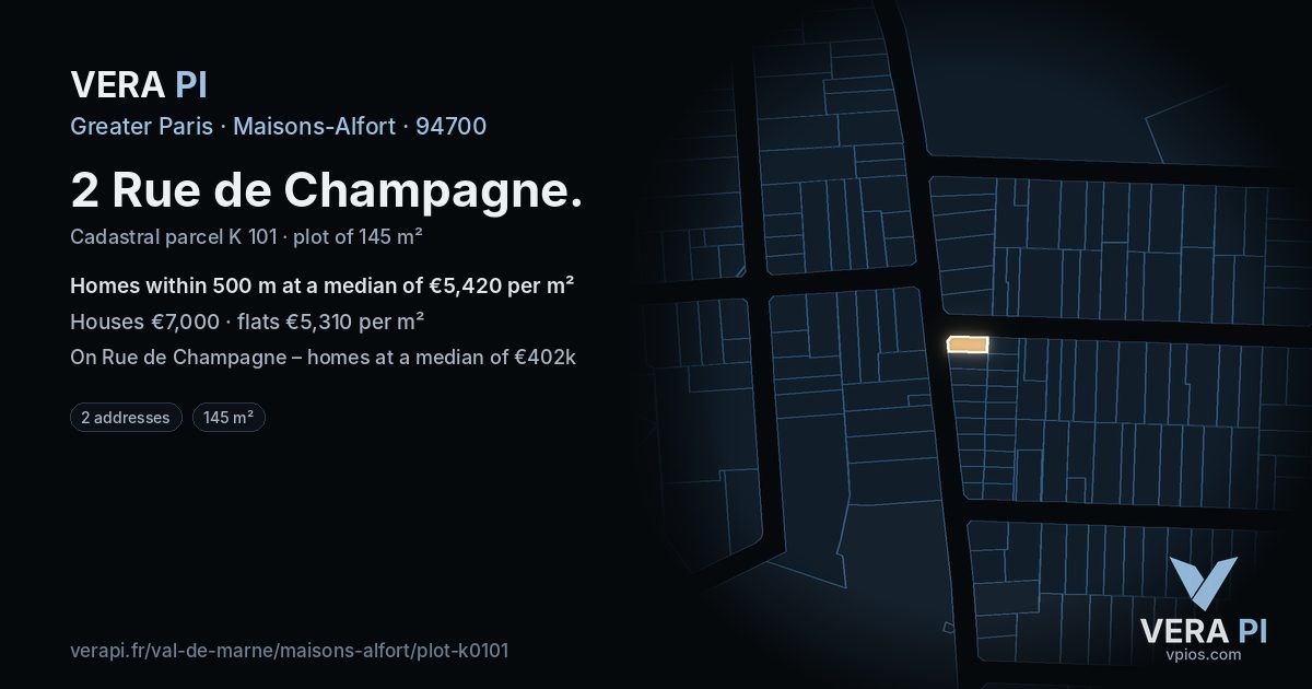 2 Rue de Champagne, Maisons-Alfort at night – the plot lit, the parcels around coloured by the prices near them