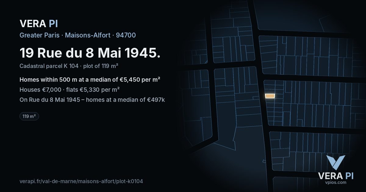 19 Rue du 8 Mai 1945, Maisons-Alfort at night – the plot lit, the parcels around coloured by the prices near them