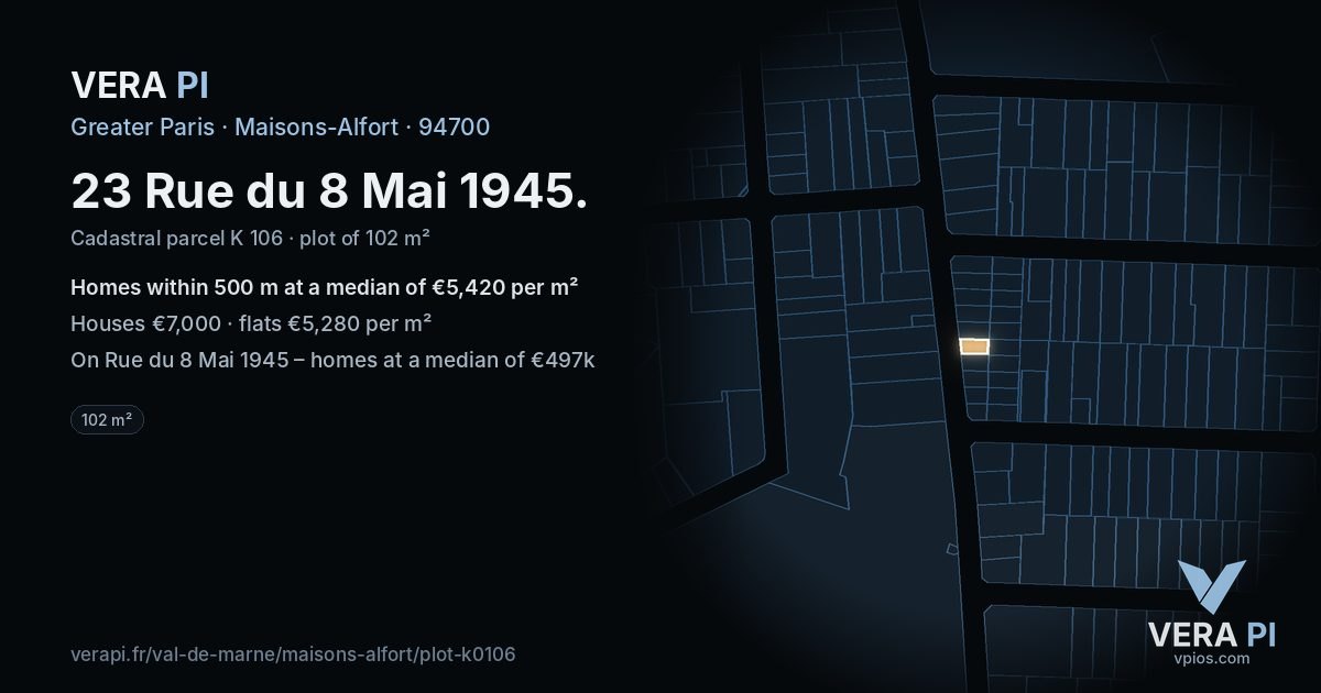 23 Rue du 8 Mai 1945, Maisons-Alfort at night – the plot lit, the parcels around coloured by the prices near them