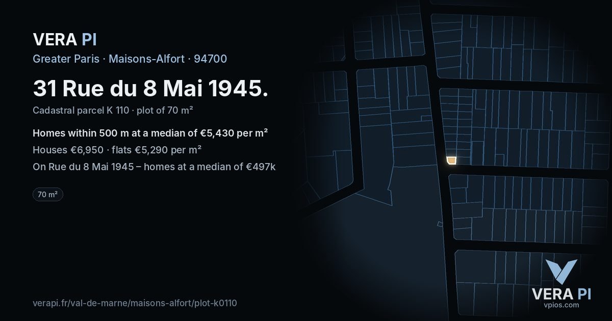 31 Rue du 8 Mai 1945, Maisons-Alfort at night – the plot lit, the parcels around coloured by the prices near them