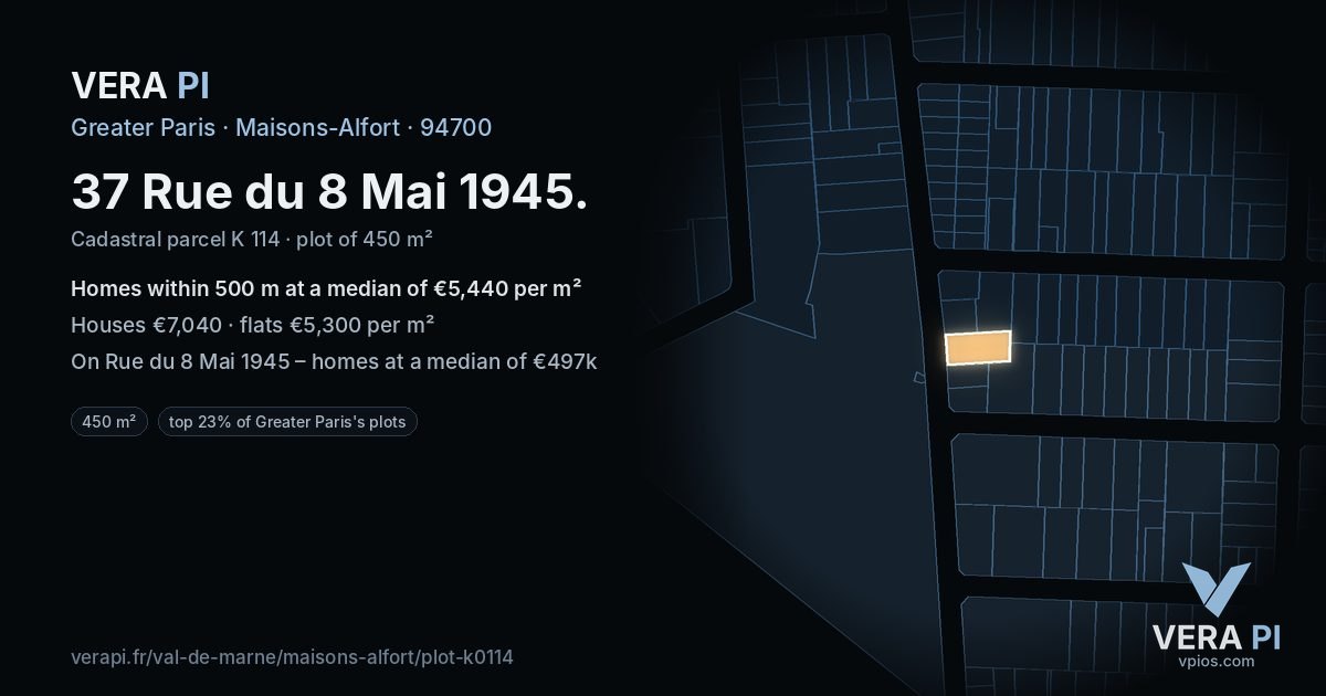37 Rue du 8 Mai 1945, Maisons-Alfort at night – the plot lit, the parcels around coloured by the prices near them