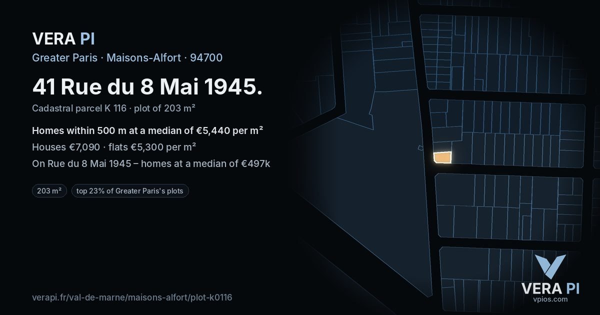 41 Rue du 8 Mai 1945, Maisons-Alfort at night – the plot lit, the parcels around coloured by the prices near them