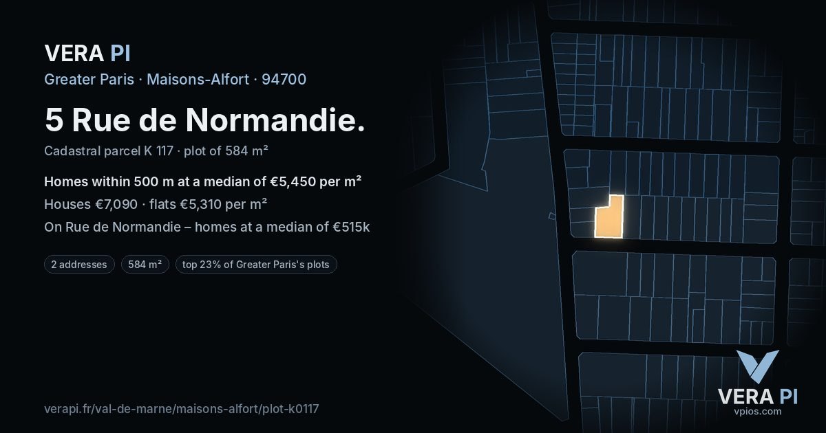 5 Rue de Normandie, Maisons-Alfort at night – the plot lit, the parcels around coloured by the prices near them